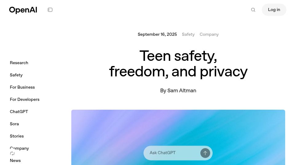 Screenshot of openai.com: Teen safety, freedom, and privacy