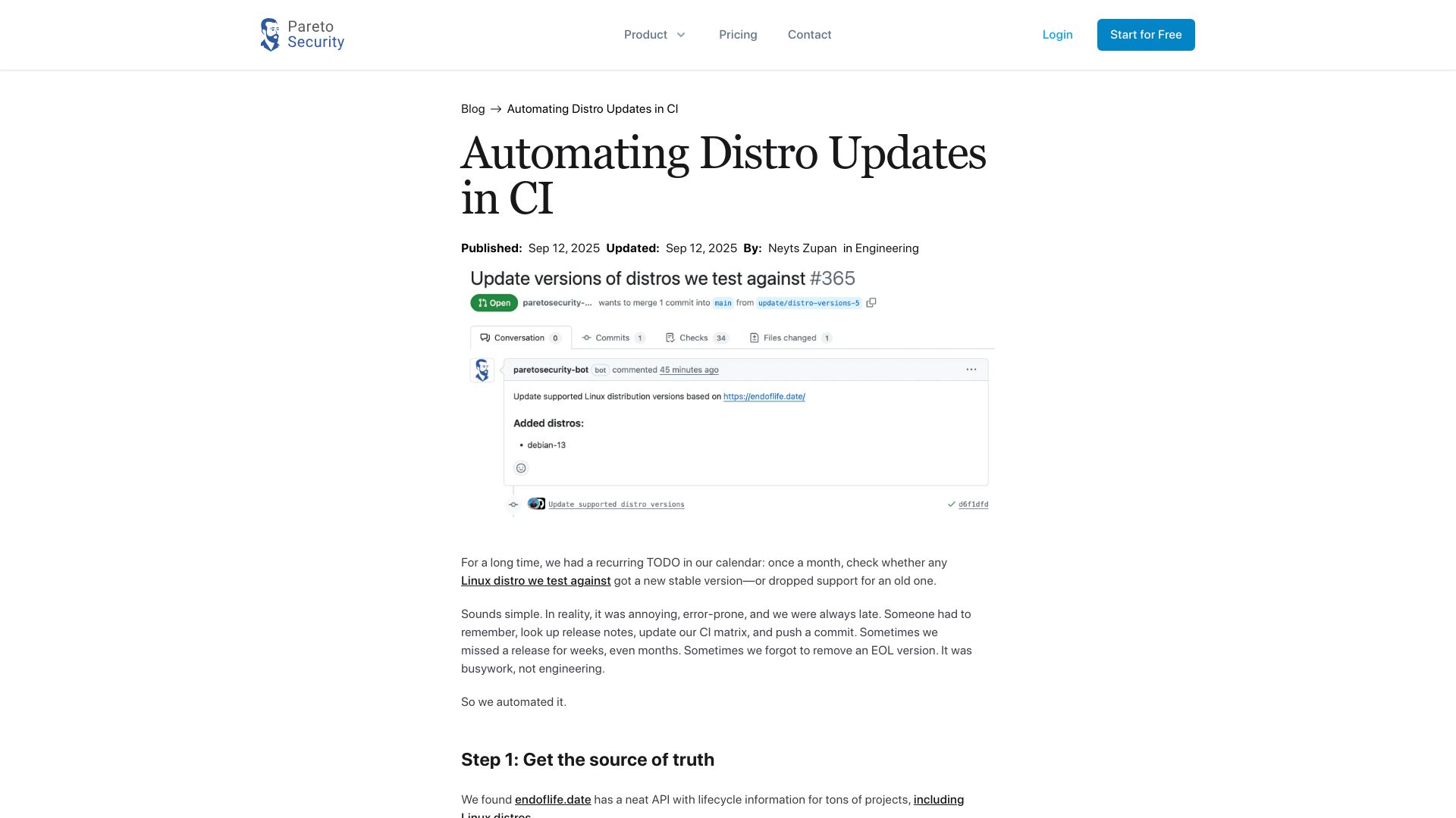 Screenshot of paretosecurity.com: Automating Distro Updates in CI