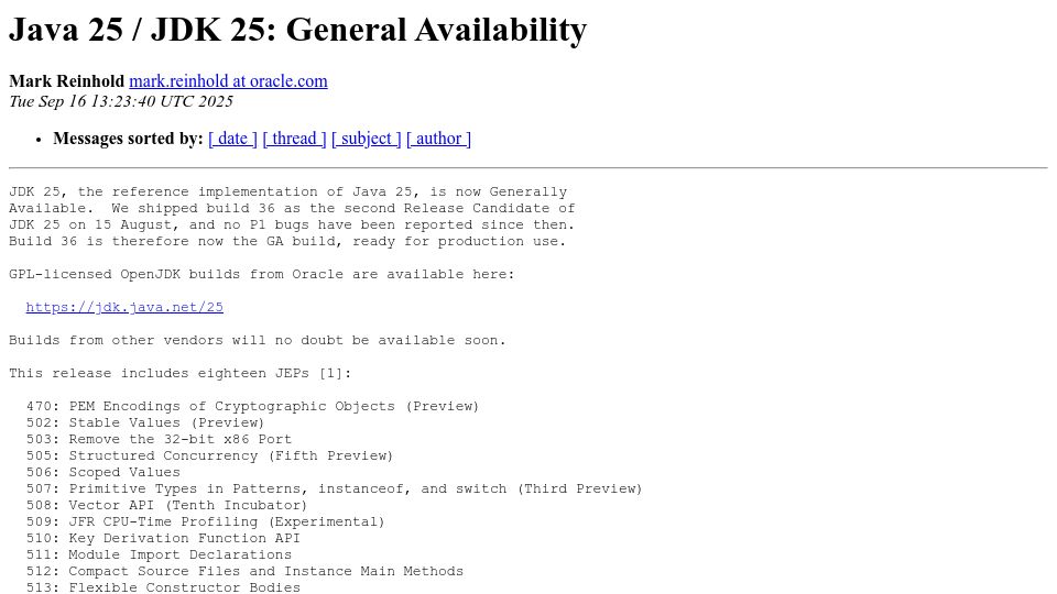 Screenshot of mail.openjdk.org: Java 25 officially released