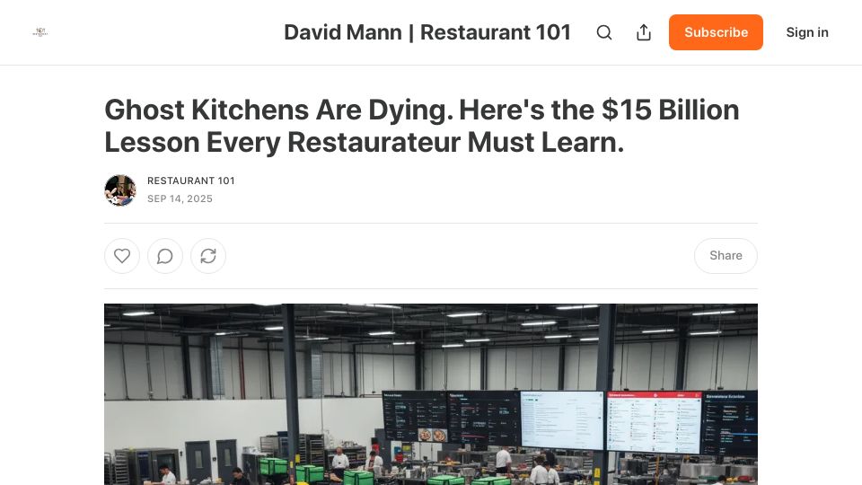 Screenshot of davidrmann3.substack.com: Ghost kitchens are dying