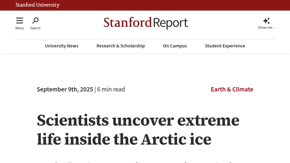 Screenshot of news.stanford.edu: Scientists uncover extreme life inside the Arctic ice