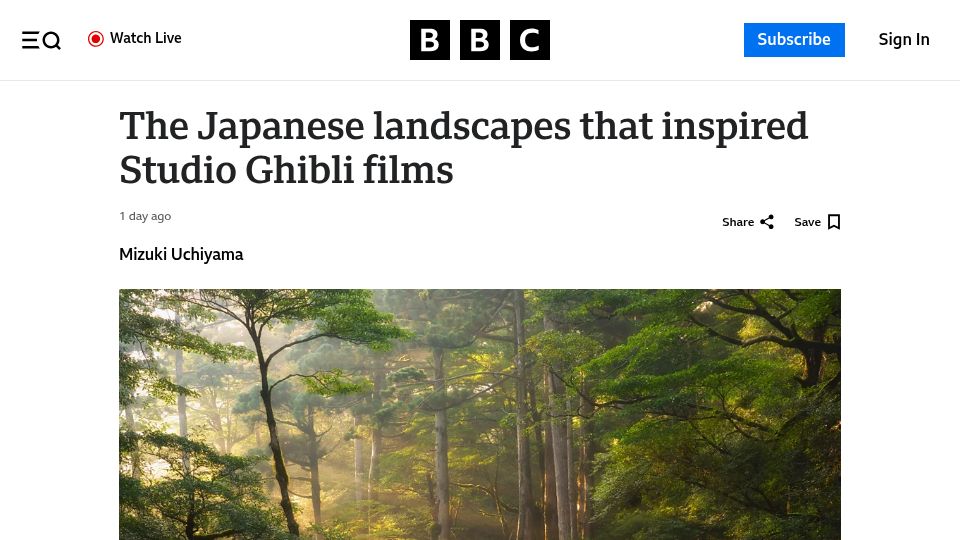 Screenshot of bbc.com: The Japanese landscapes that inspired Studio Ghibli films