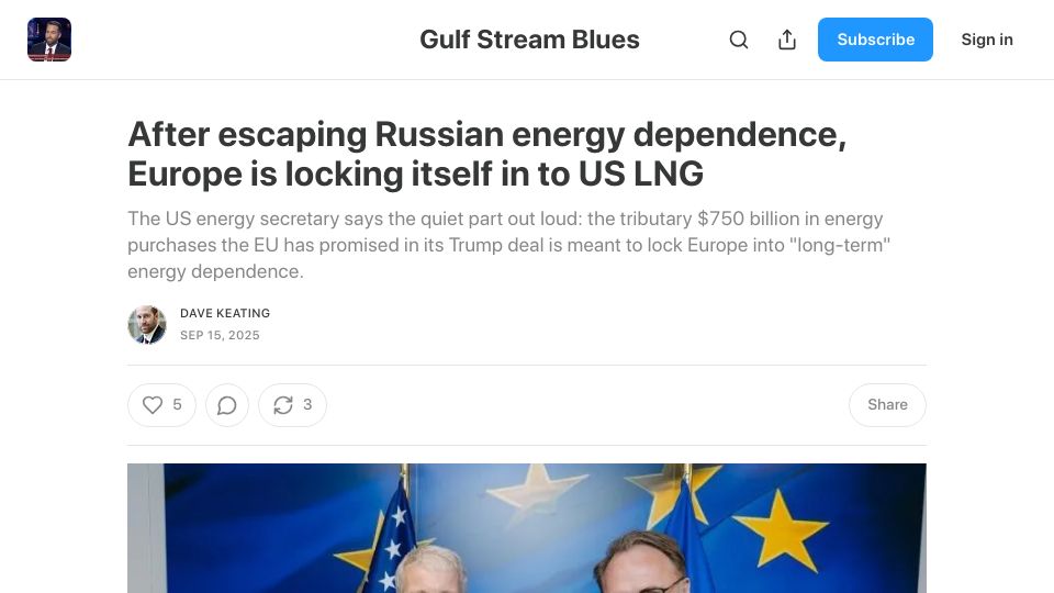 Screenshot of davekeating.substack.com: Europe is locking itself in to US LNG