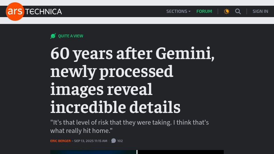Screenshot of arstechnica.com: 60 years after Gemini, newly processed images reveal details