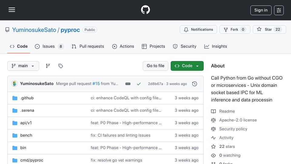 Screenshot of github.com: Show HN: Pyproc – Call Python from Go Without CGO or Microservices