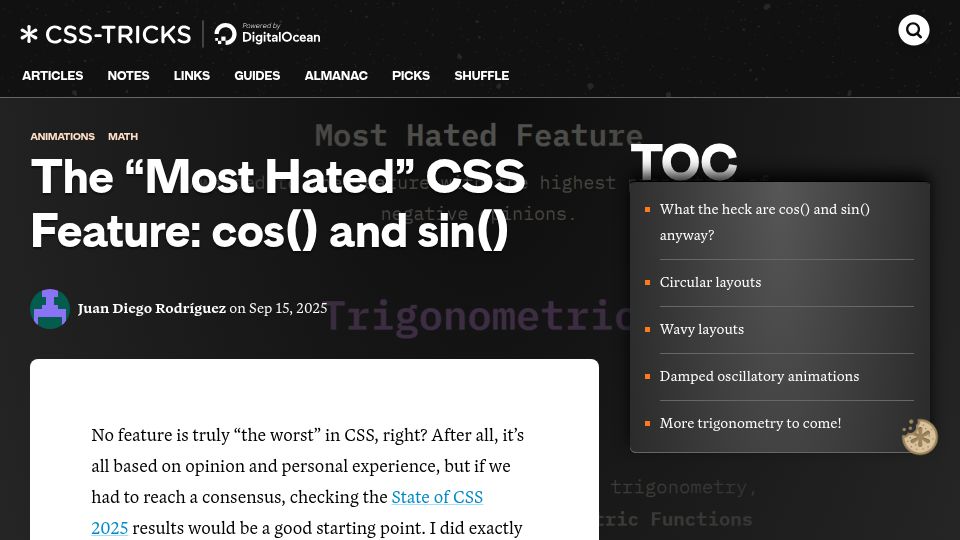 Screenshot of css-tricks.com: The "most hated" CSS feature: cos() and sin()