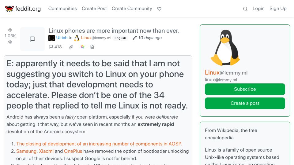 Screenshot of feddit.org: Linux phones are more important now than ever