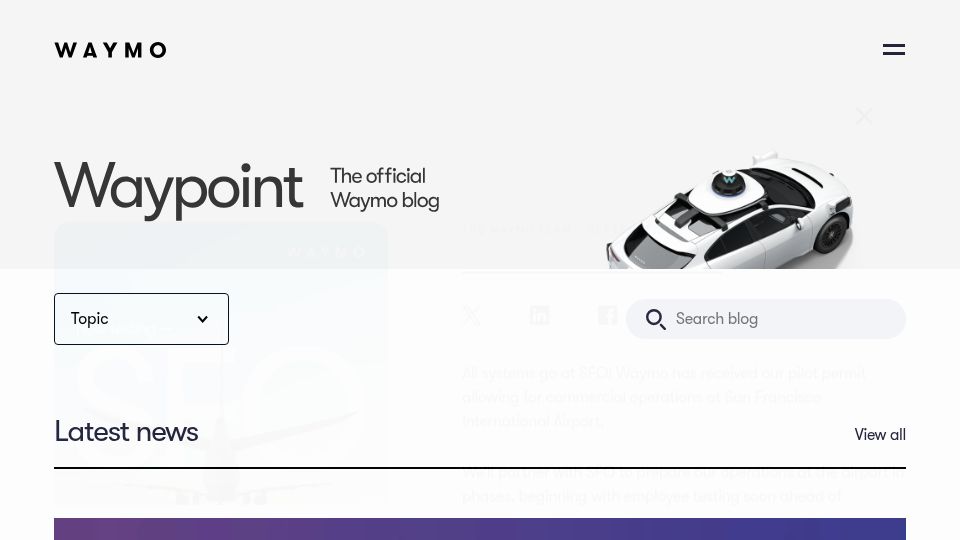 Screenshot of waymo.com: Waymo has received our pilot permit allowing for commercial operations at SFO