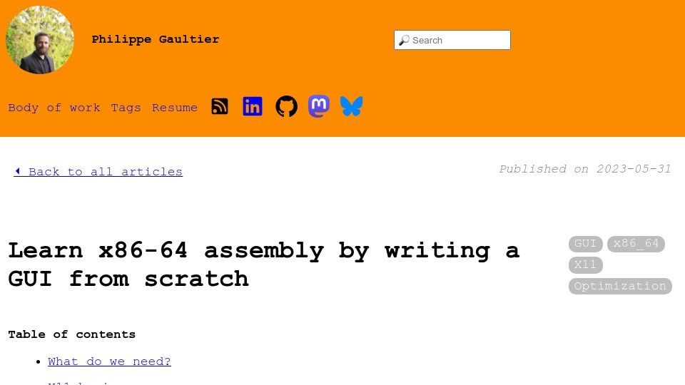 Screenshot of gaultier.github.io: Learn x86-64 assembly by writing a GUI from scratch (2023)