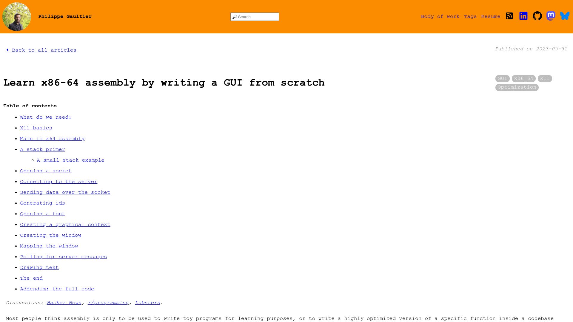 Screenshot of gaultier.github.io: Learn x86-64 assembly by writing a GUI from scratch (2023)