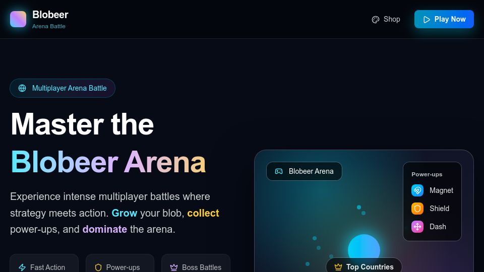 Screenshot of blobeer.com: Experimental browser MMO with bots, boss fights and power-ups