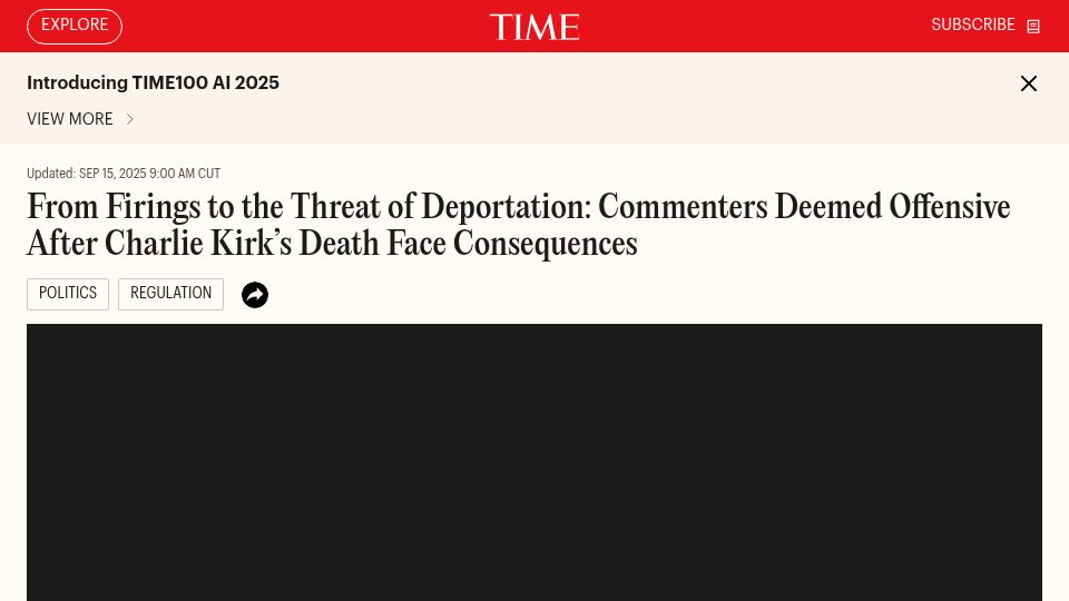 Screenshot of time.com: Commenters Deemed Offensive After Charlie Kirk's Death Face Consequences