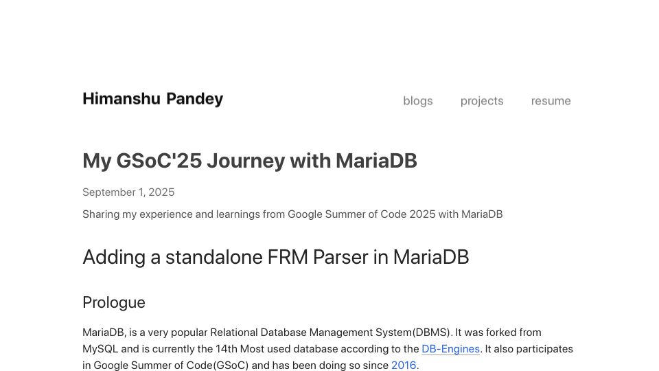 Screenshot of hp77-creator.github.io: Adding FRM parser utility to MariaDB