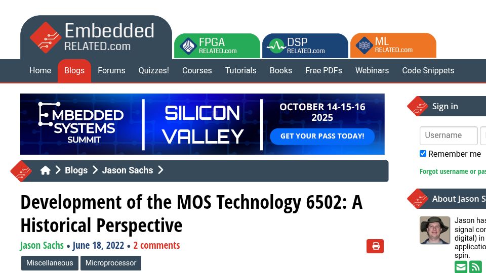 Screenshot of embeddedrelated.com: Development of the MOS Technology 6502: A Historical Perspective (2022)