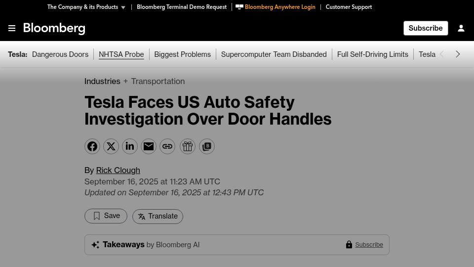 Screenshot of bloomberg.com: Tesla Faces US Auto Safety Investigation over Door Handles