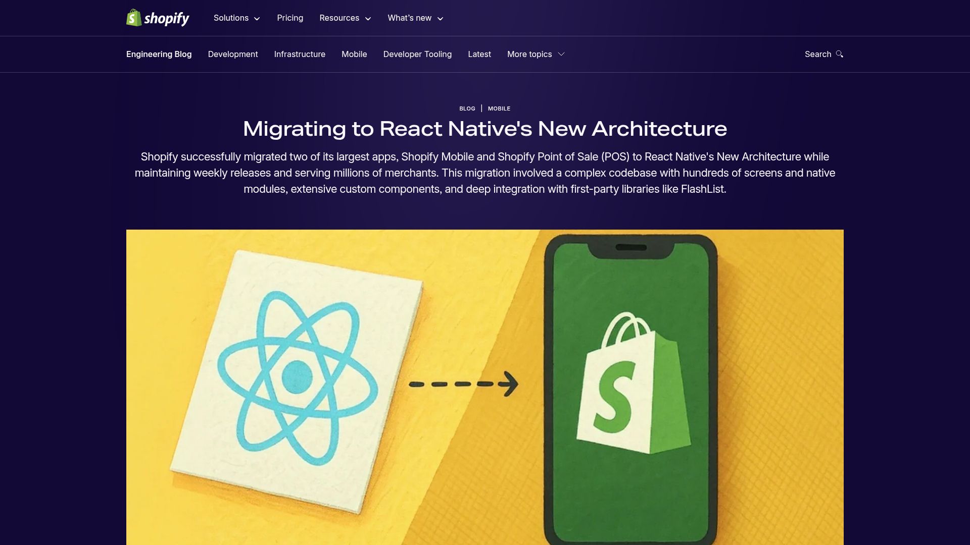 Screenshot of shopify.engineering: Migrating to React Native's new architecture