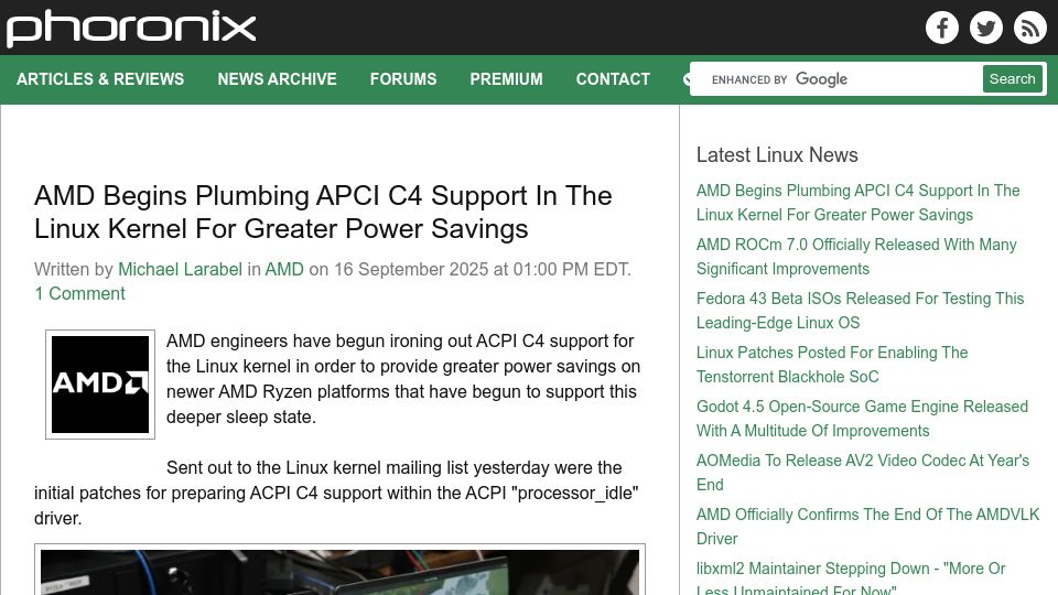 Screenshot of phoronix.com: AMD Begins Plumbing APCI C4 Support in the Linux Kernel for Power Savings