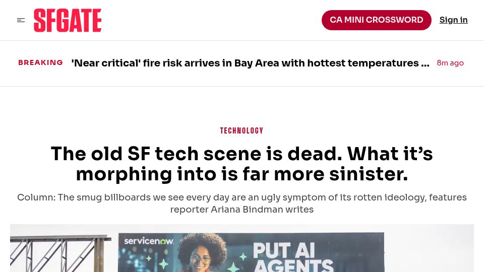 Screenshot of sfgate.com: The old SF tech scene is dead. What it's morphing into is more sinister
