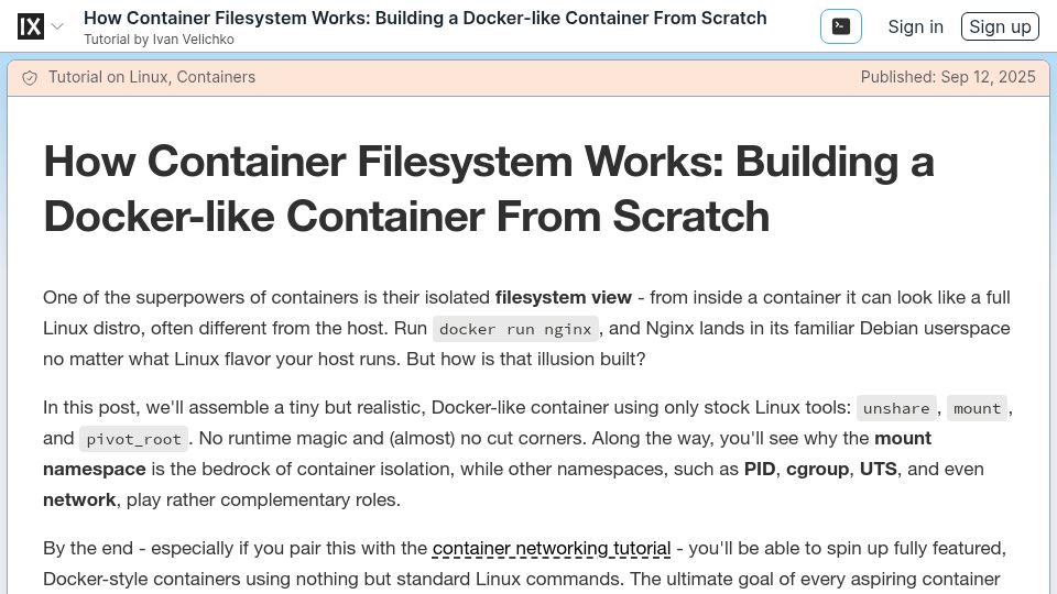Screenshot of labs.iximiuz.com: How Container Filesystem Works: Building a Docker-Like Container from Scratch