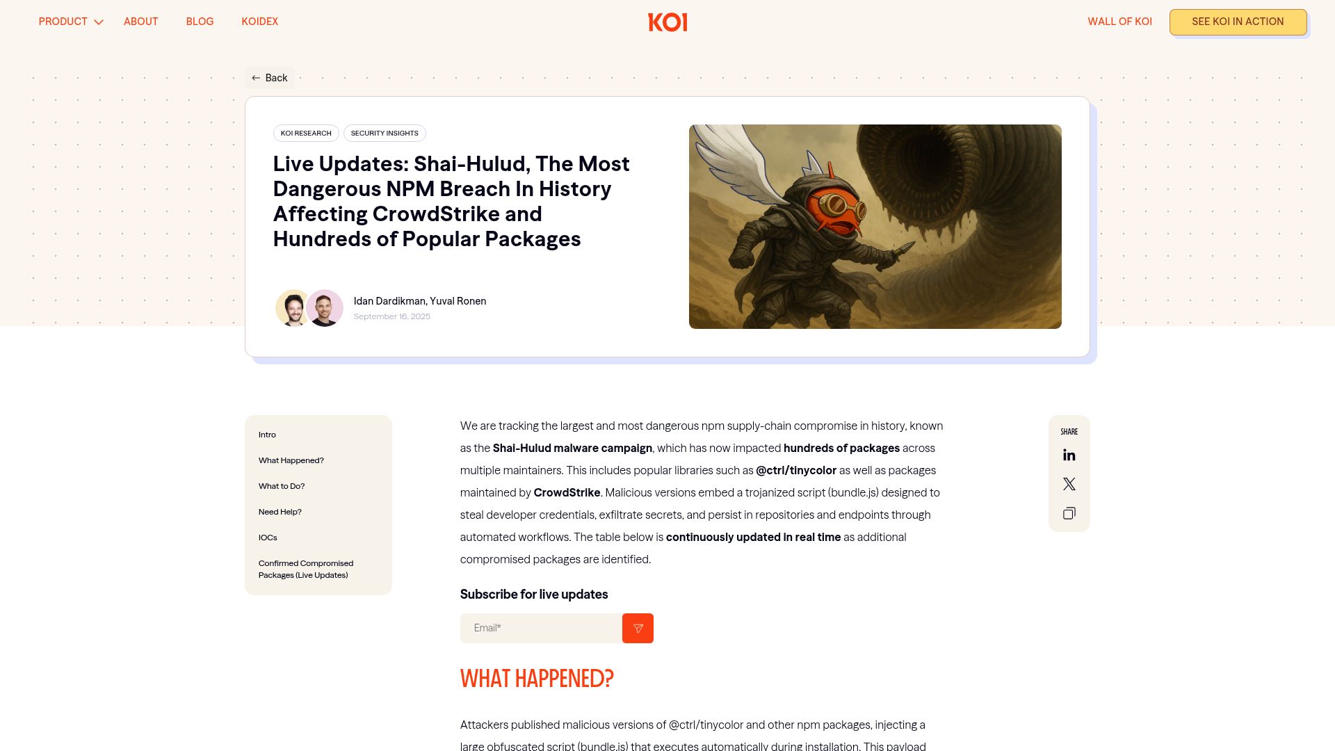 Screenshot of koi.security: Live Updates: Shai-Hulud, the Most Dangerous NPM Breach in History