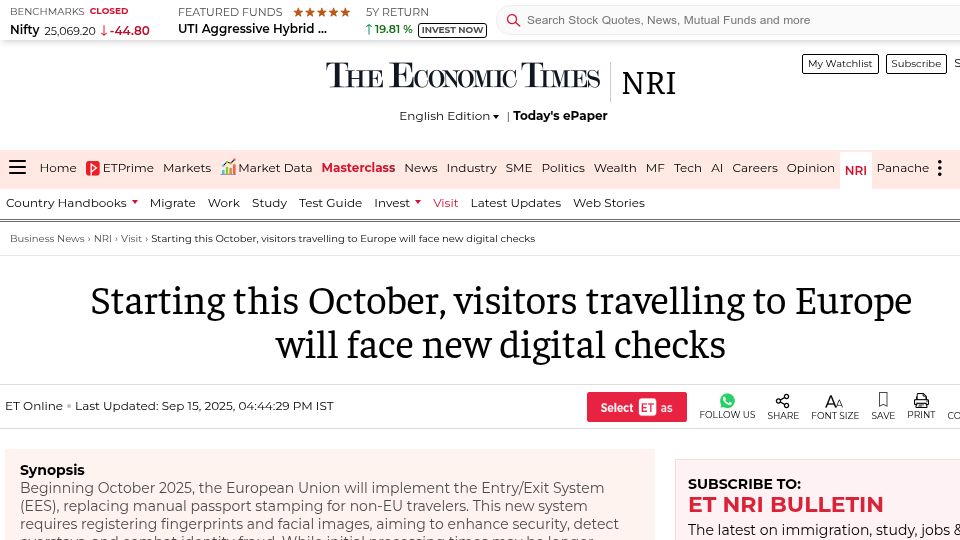 Screenshot of economictimes.indiatimes.com: Visitors travelling to Europe will face new digital checks