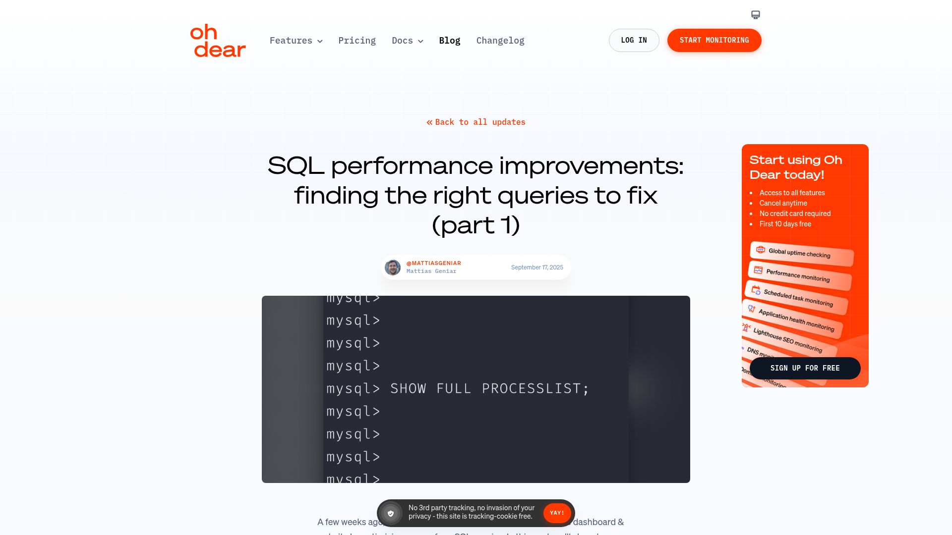 Screenshot of ohdear.app: SQL performance improvements: finding the right queries to fix