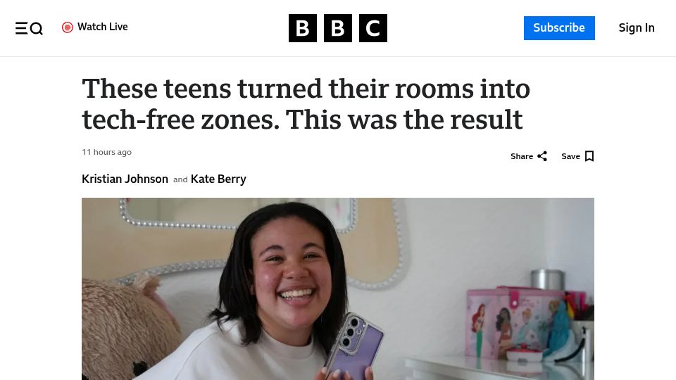Screenshot of bbc.co.uk: Teens turned their rooms into tech-free zones. This was the result