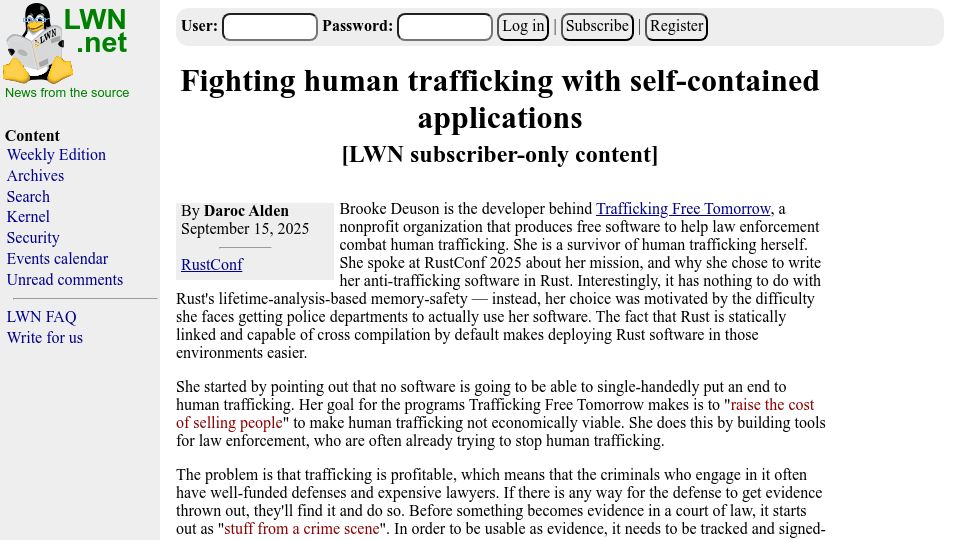 Screenshot of lwn.net: Fighting human trafficking with self-contained applications