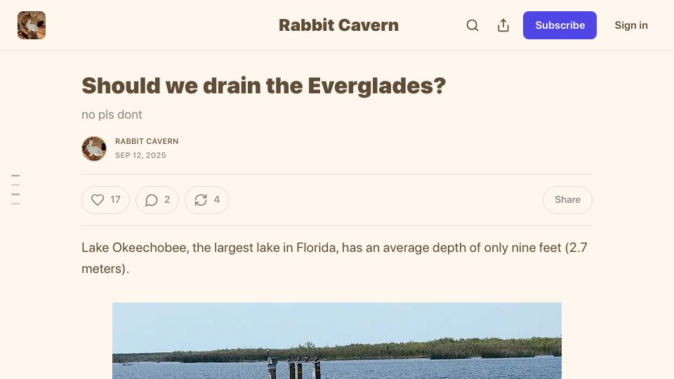 Screenshot of rabbitcavern.substack.com: Should we drain the Everglades?