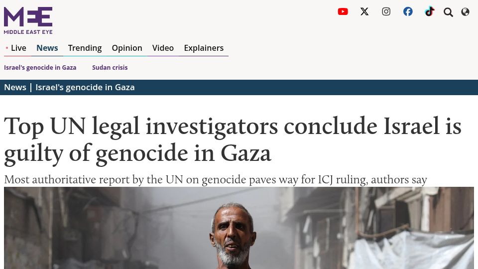 Screenshot of middleeasteye.net: Top UN legal investigators conclude Israel is guilty of genocide in Gaza