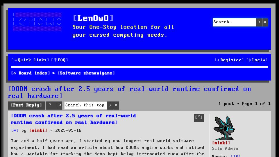 Screenshot of lenowo.org: Doom crash after 2.5 years of real-world runtime confirmed on real hardware