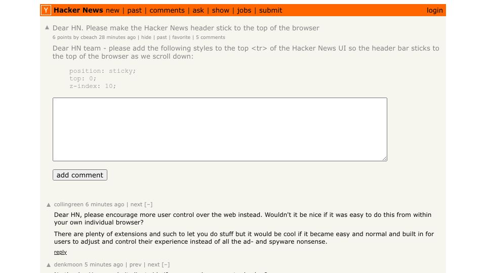 Screenshot of Hacker News post: Dear HN. Please make the Hacker News header stick to the top of the browser