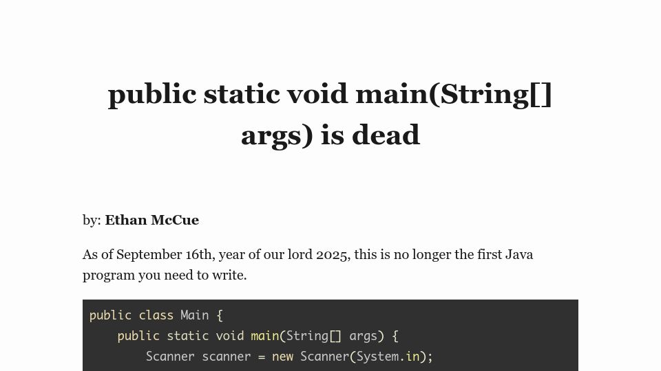 Screenshot of mccue.dev: Public static void main(String[] args) is dead