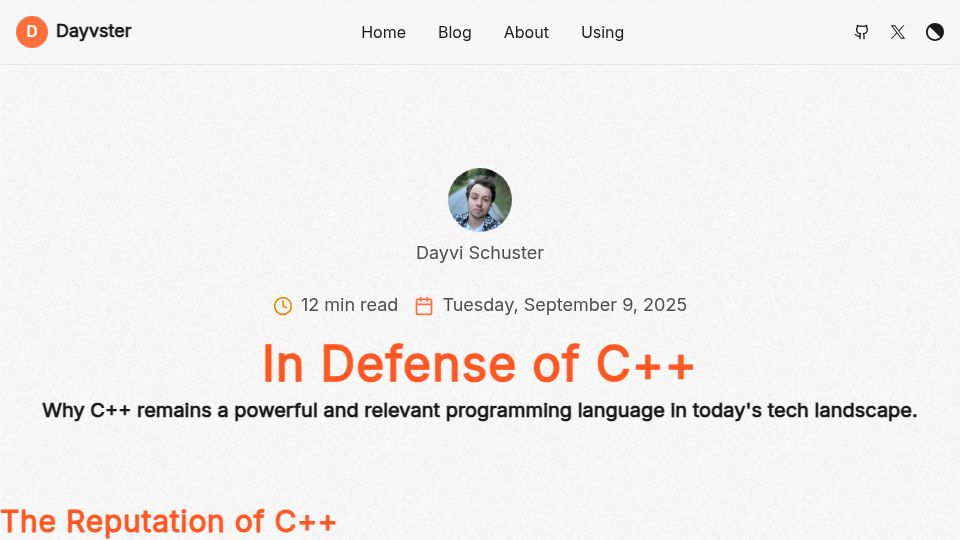 Screenshot of dayvster.com: In Defense of C++