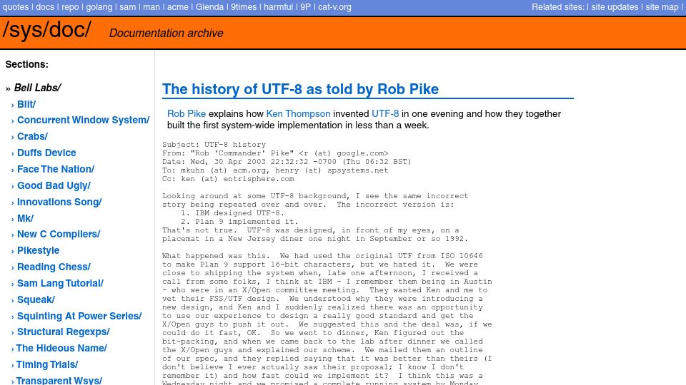 Screenshot of doc.cat-v.org: UTF-8 history (2003)
