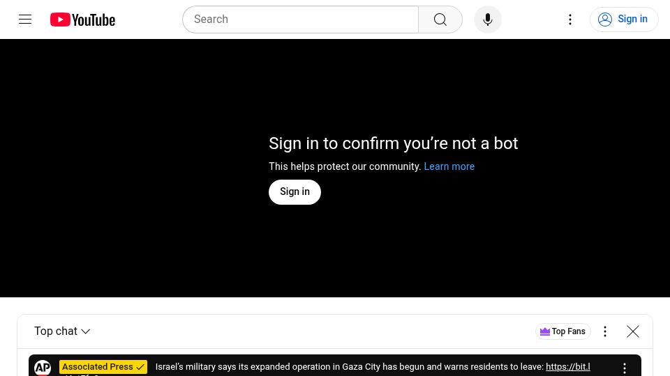 Screenshot of youtube.com: AP Live: View from Gaza as Israel Begins Expanded Operation in Gaza City