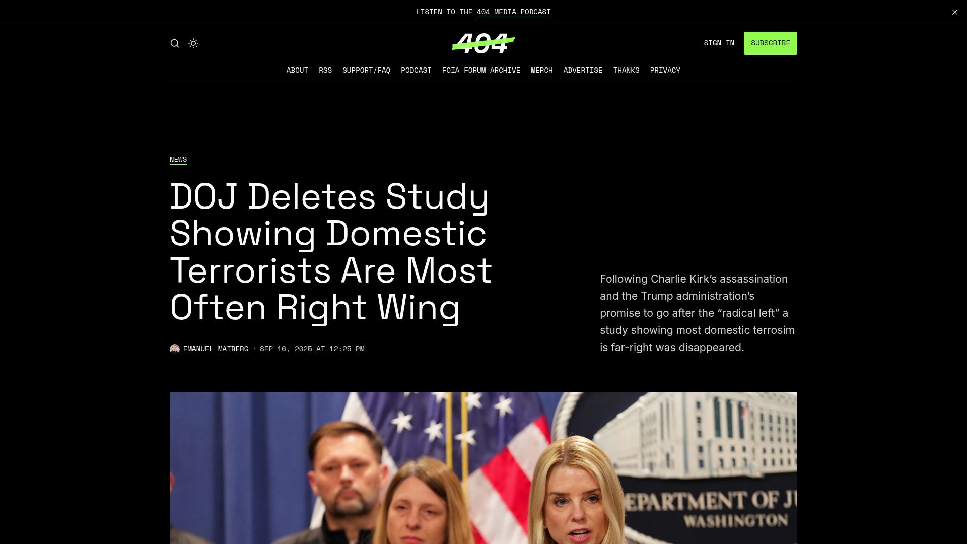 Screenshot of 404media.co: DOJ Deletes Study Showing Domestic Terrorists Are Most Often Right Wing
