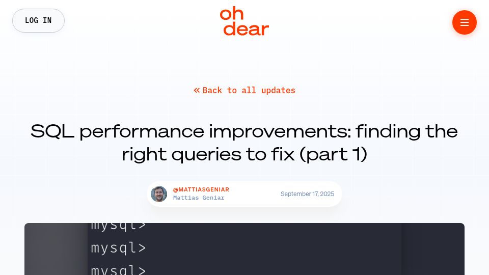 Screenshot of ohdear.app: SQL performance improvements: finding the right queries to fix