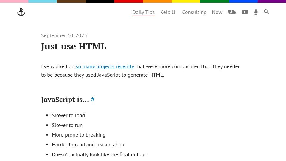 Screenshot of gomakethings.com: Just Use HTML