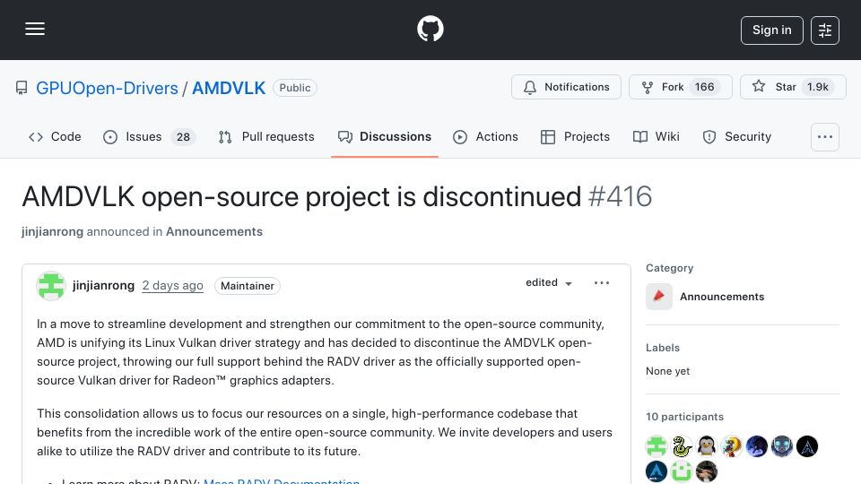 Screenshot of github.com: AMD Open Source Driver for Vulkan project is discontinued