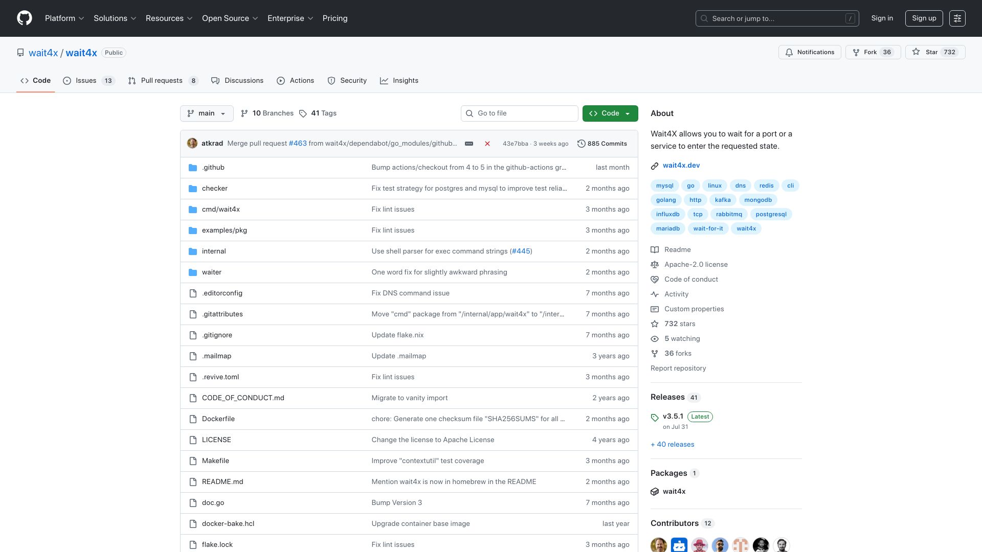 Screenshot of github.com: Wait4X allows you to wait for a port or a service to enter the requested state