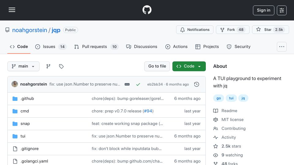 Screenshot of github.com: Jqp: TUI Playground to Experiment with Jq