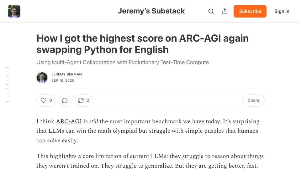 Screenshot of jeremyberman.substack.com: I got the highest score on ARC-AGI again swapping Python for English