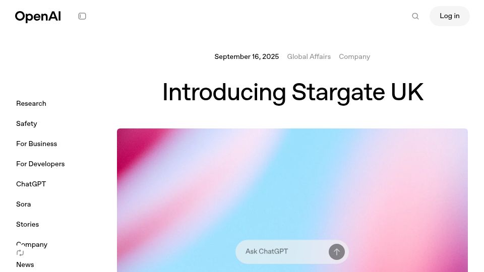 Screenshot of openai.com: Introducing Stargate UK