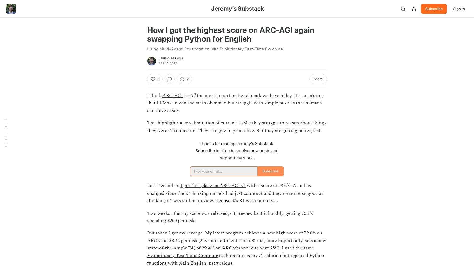 Screenshot of jeremyberman.substack.com: I got the highest score on ARC-AGI again swapping Python for English