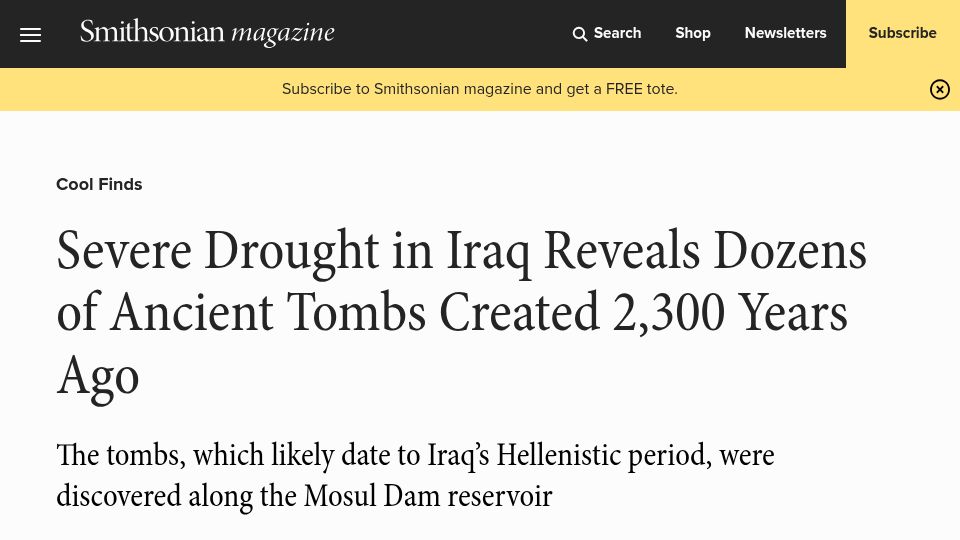 Screenshot of smithsonianmag.com: Drought in Iraq reveals tombs created 2,300 years ago