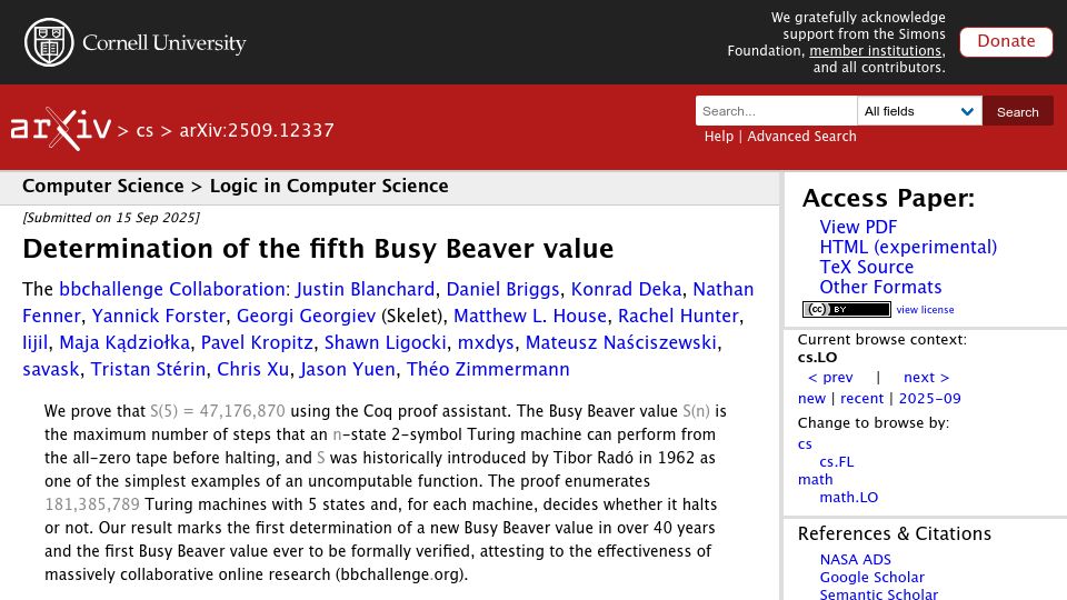 Screenshot of arxiv.org: Determination of the fifth Busy Beaver value