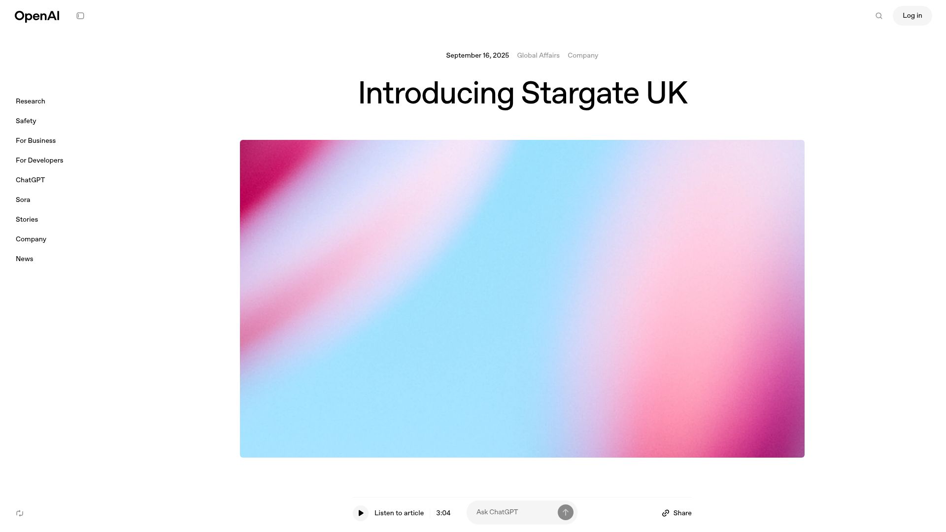 Screenshot of openai.com: Introducing Stargate UK