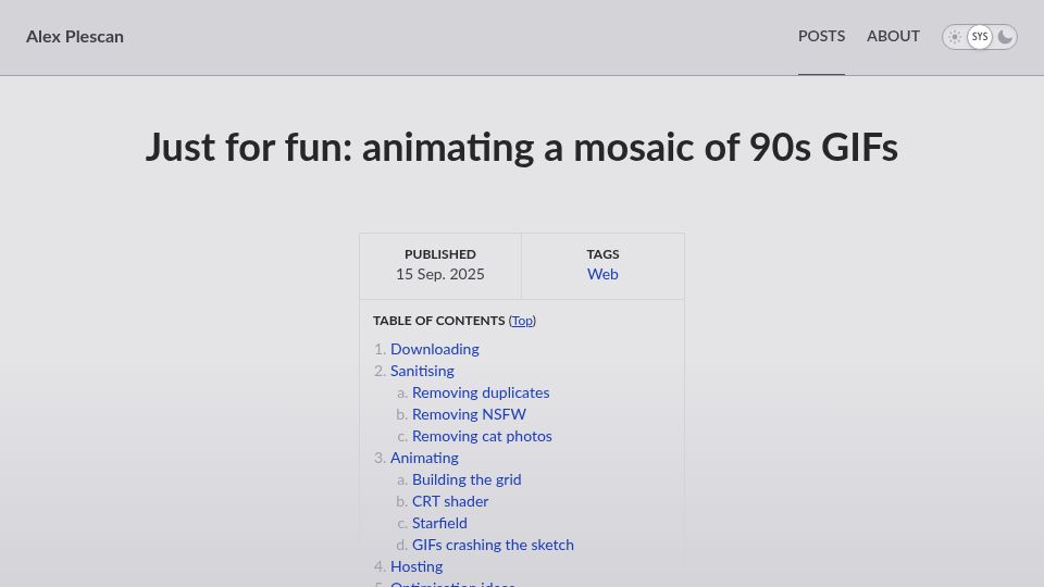 Screenshot of alexplescan.com: Just for fun: animating a mosaic of 90s GIFs