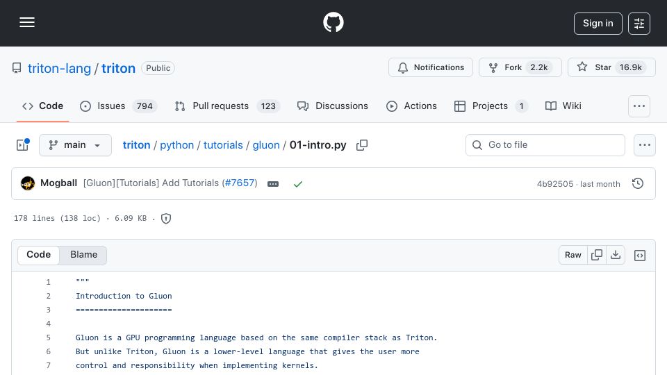 Screenshot of github.com: Gluon: a GPU programming language based on the same compiler stack as Triton